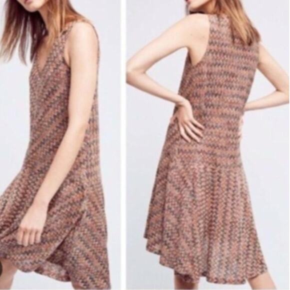 Anthropologie Maeve Westwater Knit Flounce Hem Dress Brown Motif A-Line Size XS - Picture 2 of 12